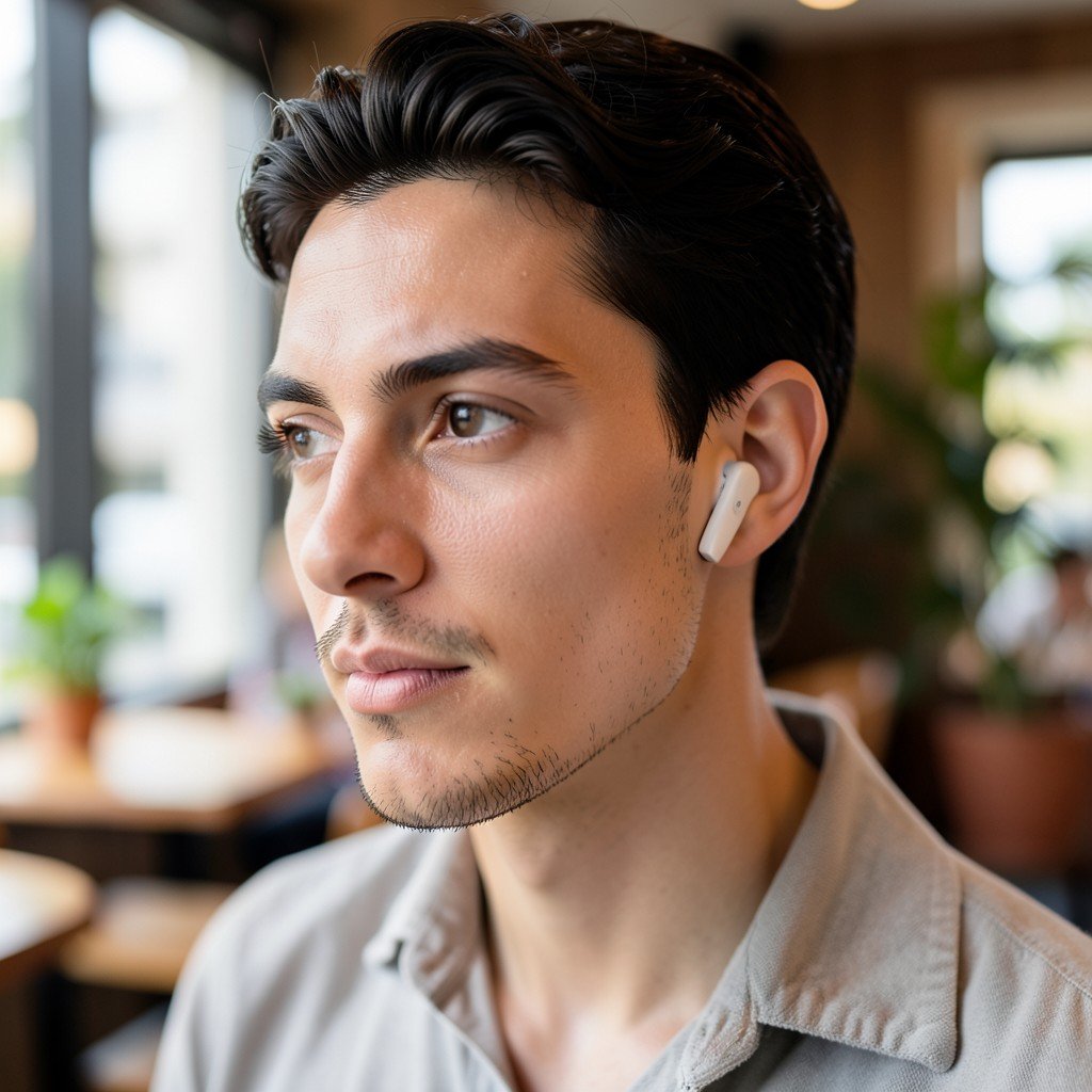 Close up of a person wearing wireless white earbuds in a cafe setting, looking natural, soft natural lighting, high resolution, realistic style, 16:9 aspect ratio.