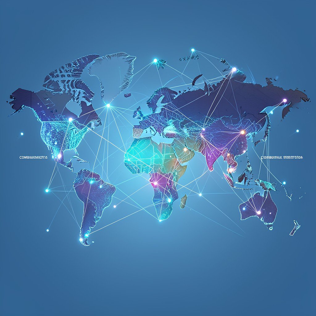 Abstract representation of global communication and language translation, connecting lines between different world map points, digital art style, clean modern infographic aesthetic, 16:9 aspect ratio.