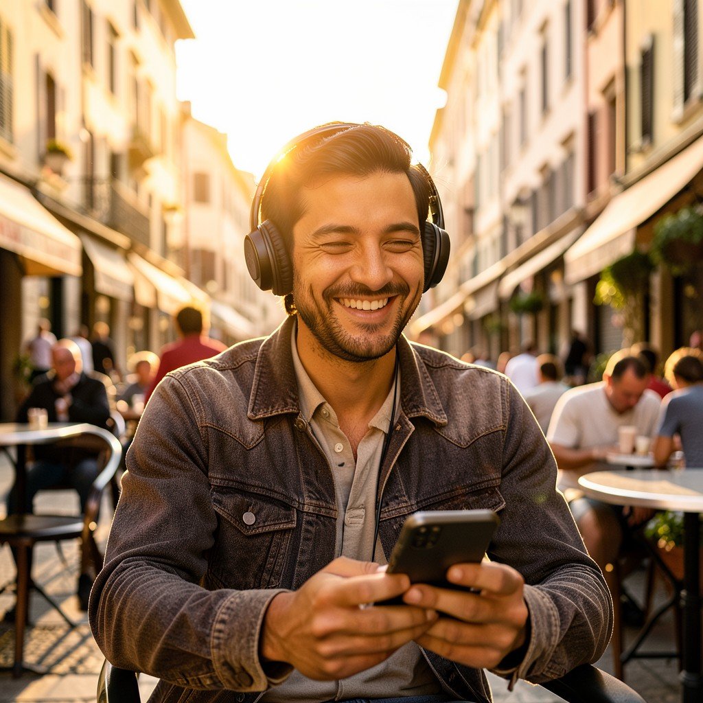 A traveler sitting in an outdoor cafe in Europe with a smartphone and wireless headphones, looking confident and happy, warm sunset lighting, 16:9 aspect ratio.