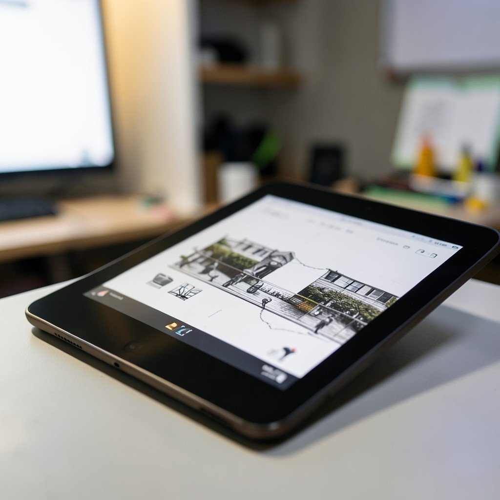 Close-up of a high-end tablet being used for creative design, professional creative studio background, blurred depth of field, 4:3