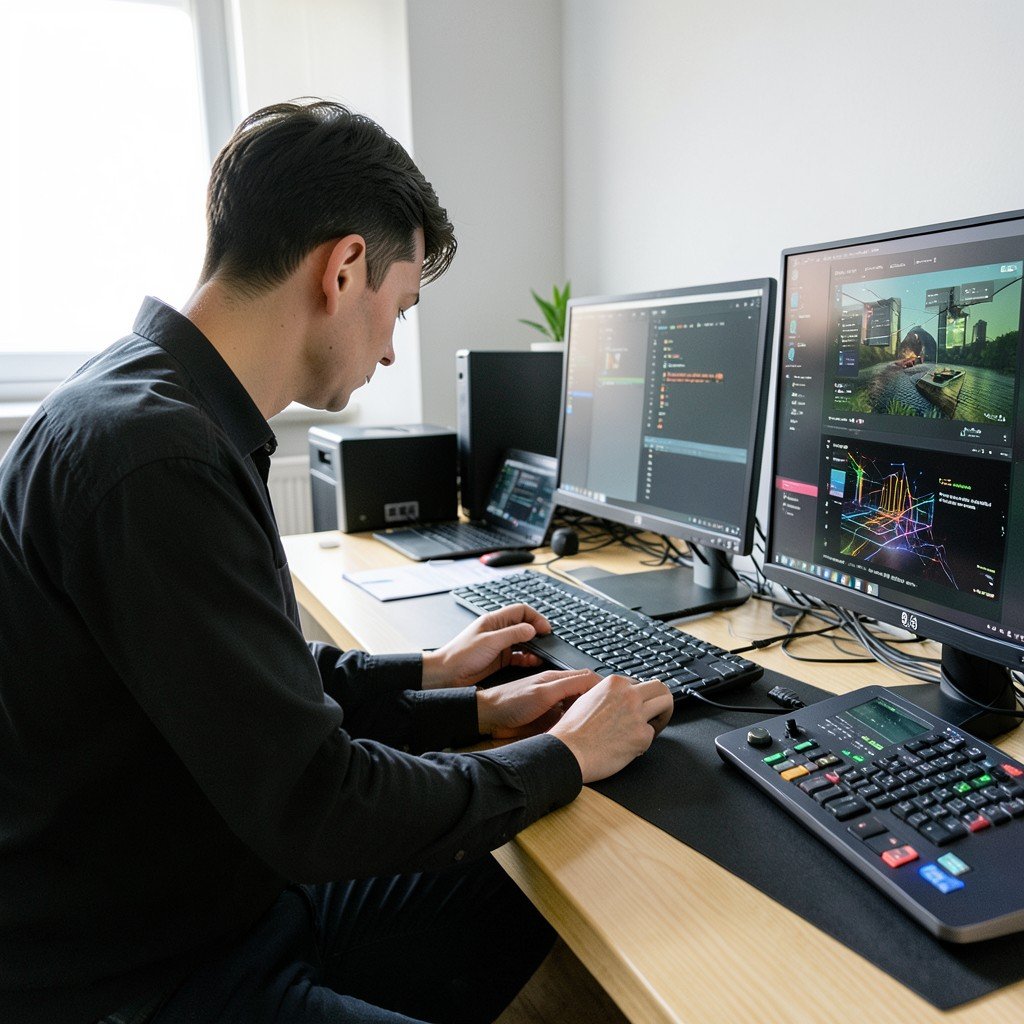A person organizing digital devices, clean and organized tech setup, focus on modern electronics, realistic photography, 4:3