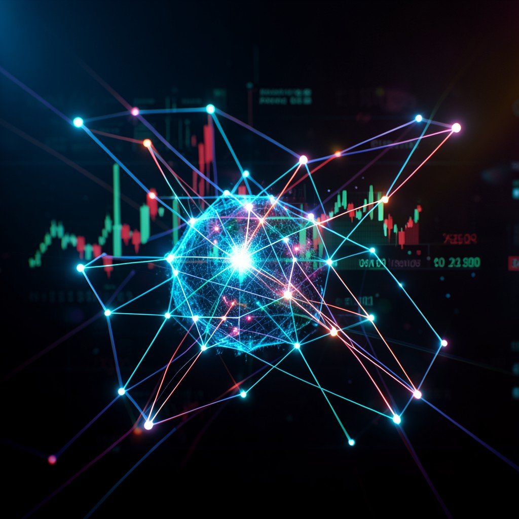 Abstract representation of digital connection between artificial intelligence and financial data, glowing nodes and lines, cinematic lighting, professional aesthetic, 16:9