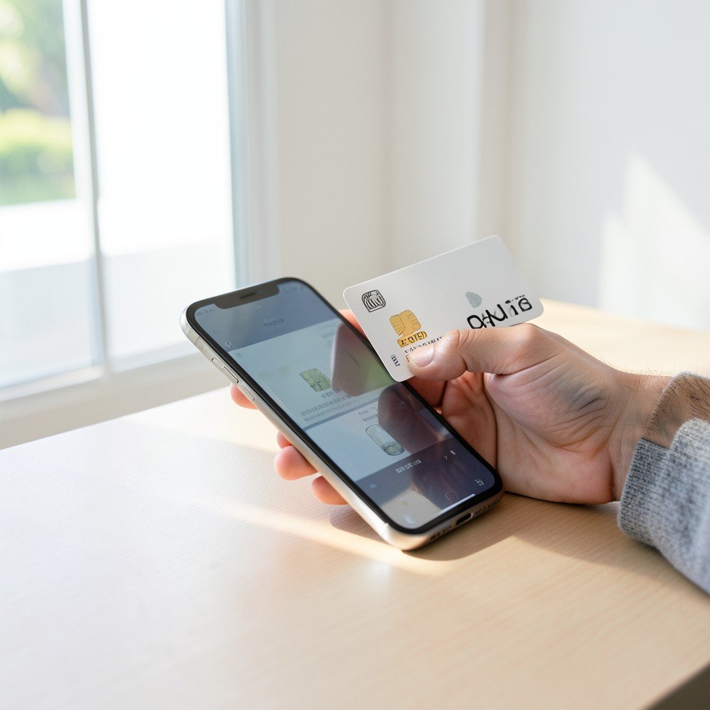 A person holding a credit card in one hand and looking at a smartphone screen, natural sunlight, minimalist office desk, clean composition, 4:3
