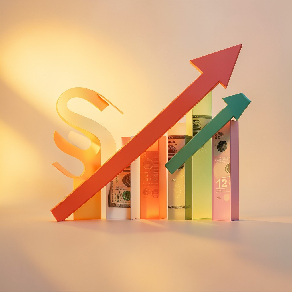 A balanced composition of financial success, upward graph symbols stylized with modern design, soft golden hour lighting, high resolution, 4:3