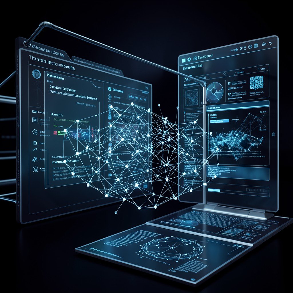 Digital transformation concept, neural network visualization, sophisticated tech interface, dark blue and silver color palette, cinematic lighting, 4:3 ratio