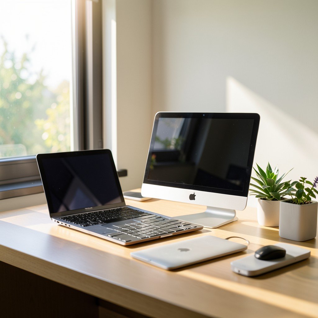 A professional workspace with a focus on modern Apple devices, soft natural sunlight streaming through a window, serene and productive atmosphere, 4:3 aspect ratio.