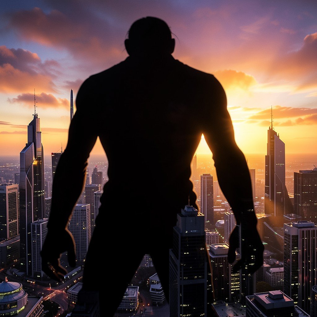 A massive creature silhouette casting a shadow over a futuristic city at sunset, cinematic lighting, hyper-realistic, 16:9 aspect ratio, 1:1