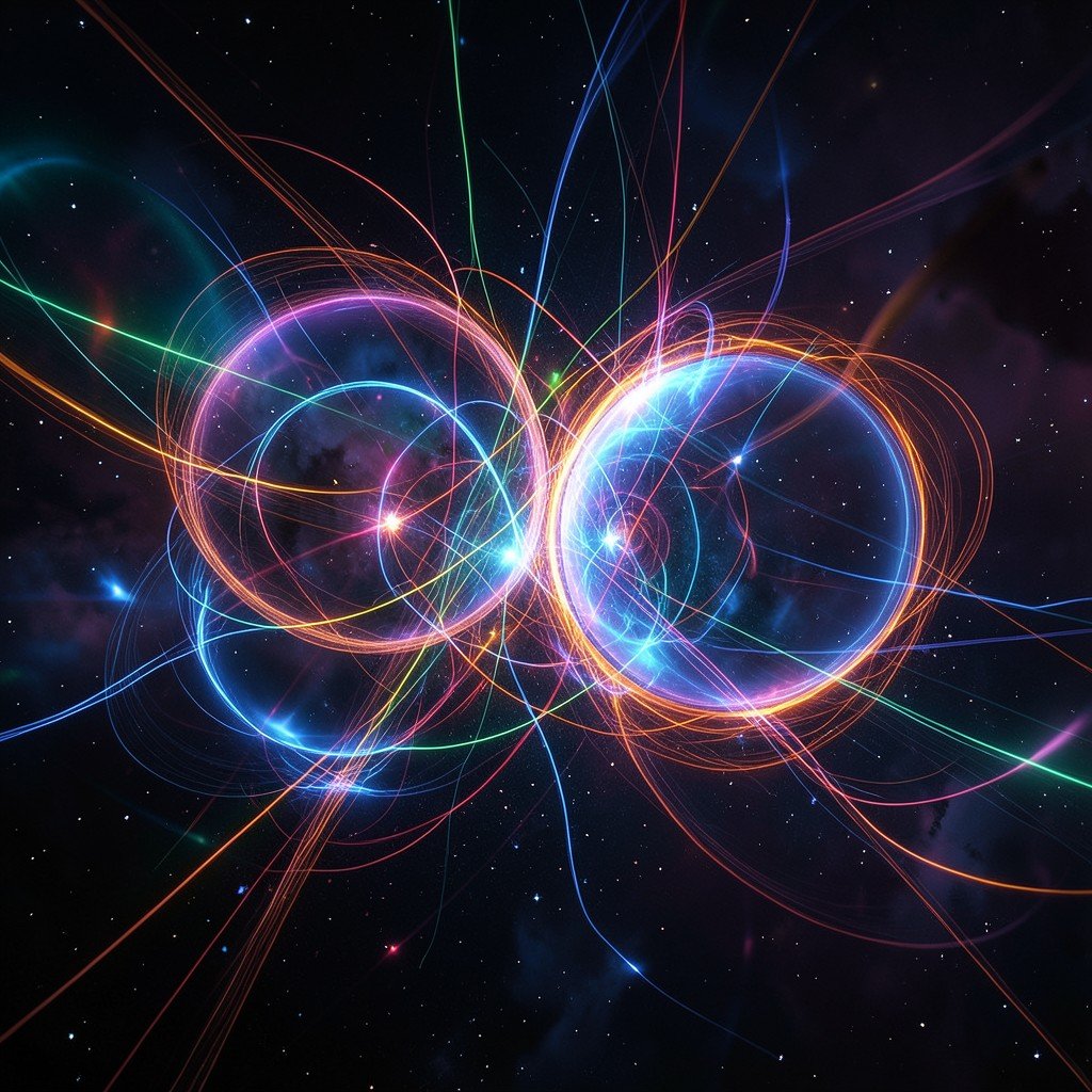 Abstract representation of multiple dimensions and glowing portals in a dark space, intricate light trails, cinematic color palette, high quality, 1:1