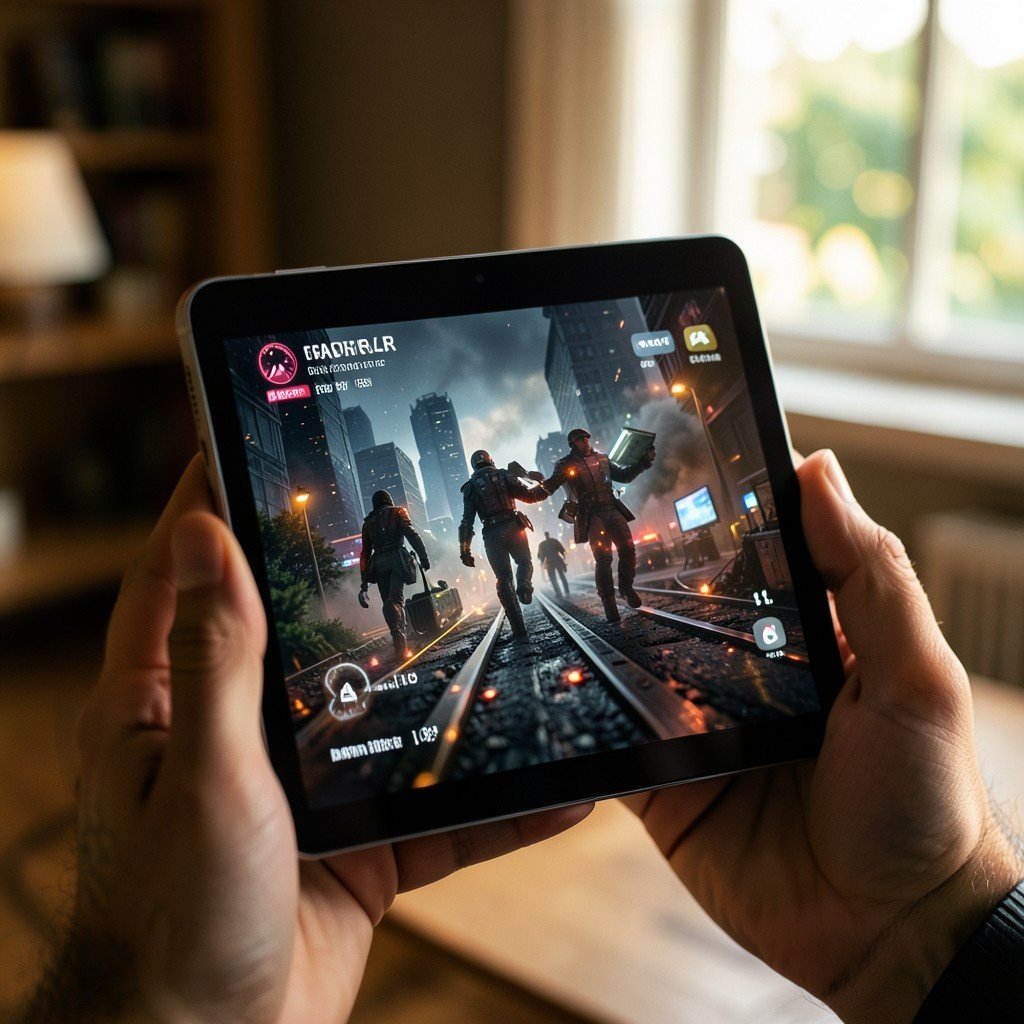 Close up of a person holding a tablet showing high quality cinematic sci-fi content, warm indoor lighting, natural setting, 1:1