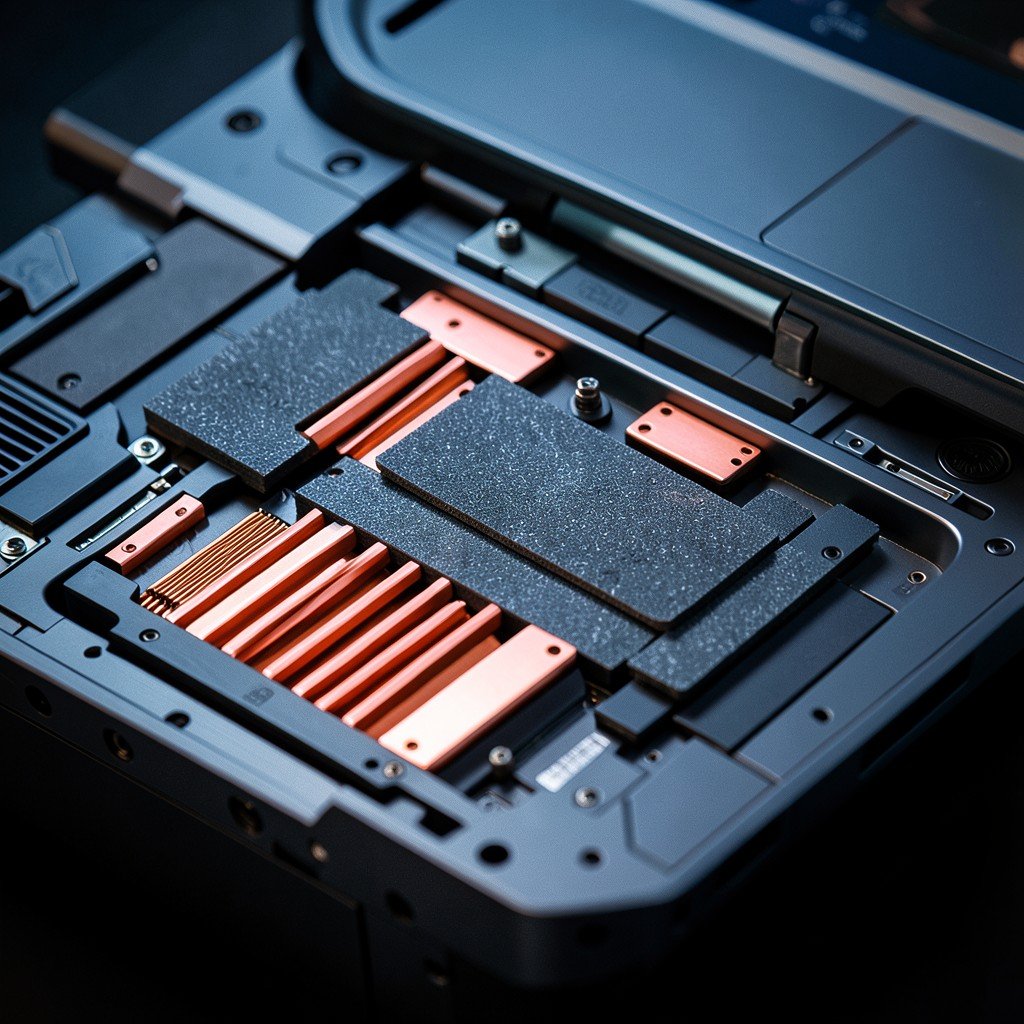 Close up of high-tech laptop internal cooling components with graphite sheets and copper heat sinks, abstract tech aesthetic, 4:3 aspect ratio