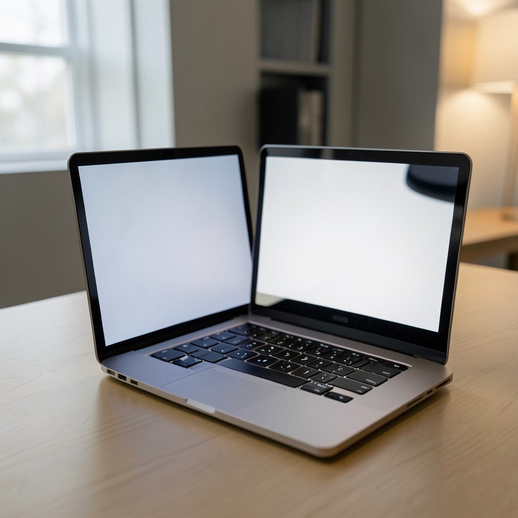 A slim laptop open on a modern workspace, high quality design, minimalist interior with soft ambient light, 4:3 aspect ratio