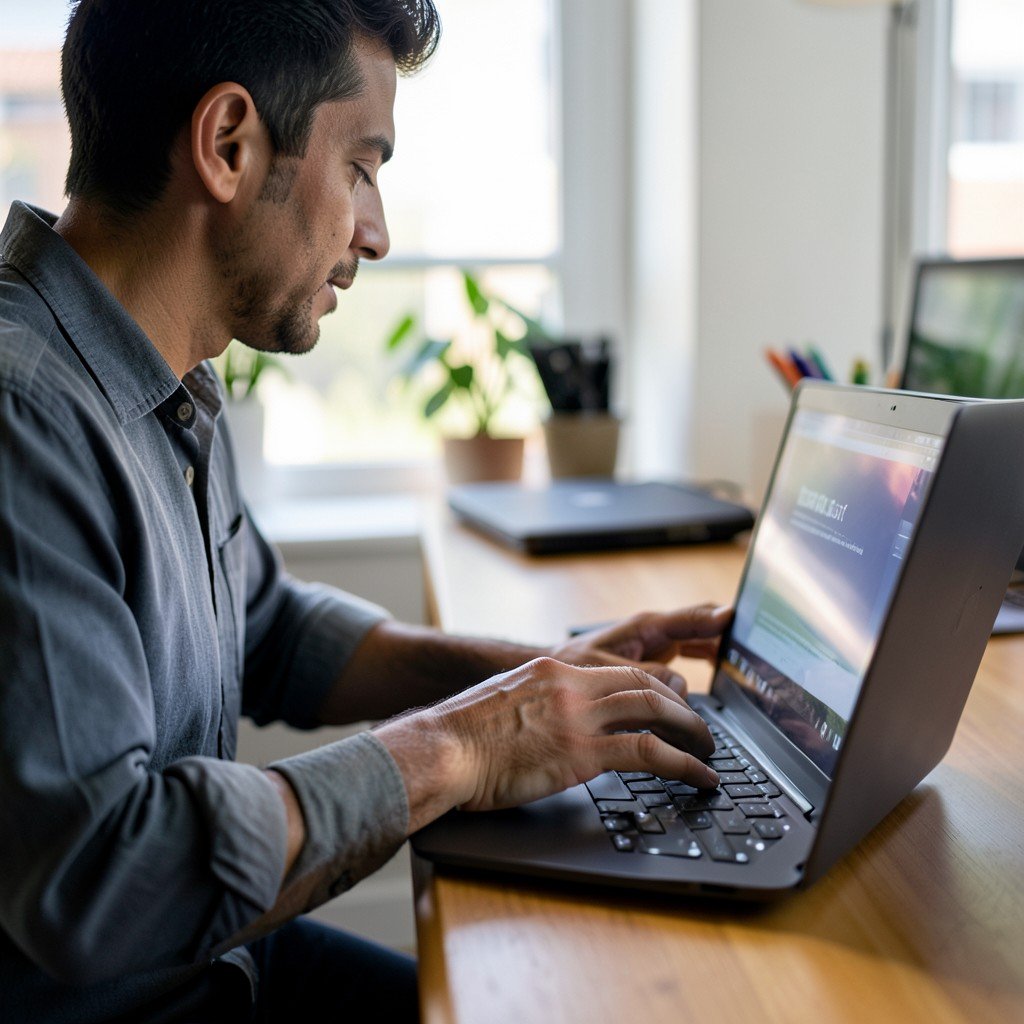 Close up of a creative person working on a laptop, professional workspace environment, high quality lighting, 4:3 aspect ratio
