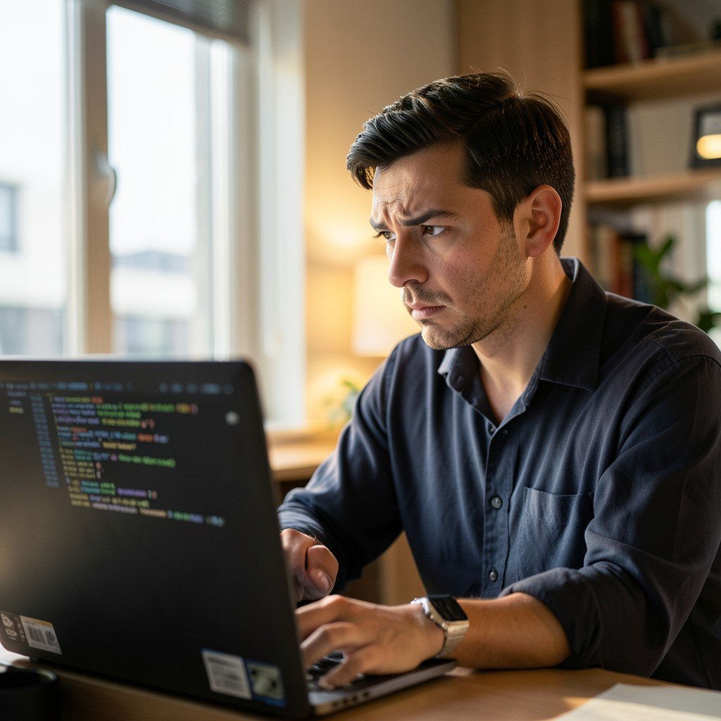 A person looking closely at code on a laptop screen with a serious expression, warm office lighting, natural professional atmosphere, 4:3 aspect ratio.