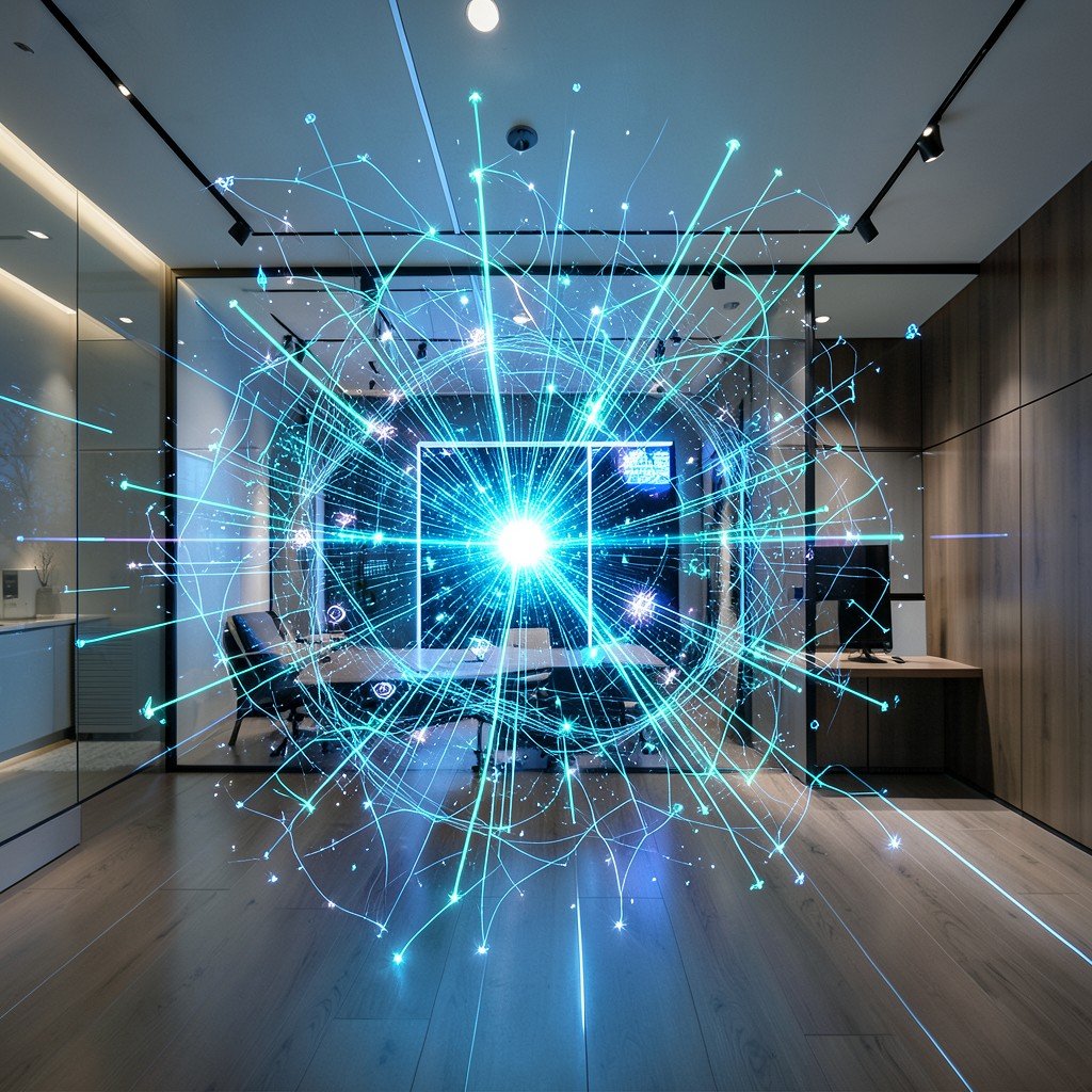 Abstract representation of digital evolution and hardware connectivity, glowing lines, modern interior style, 4:3