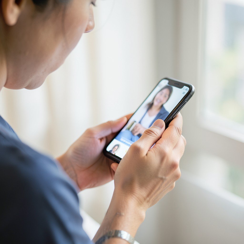 Close up of a person using a modern smartphone, high quality, natural indoor lighting, 4:3