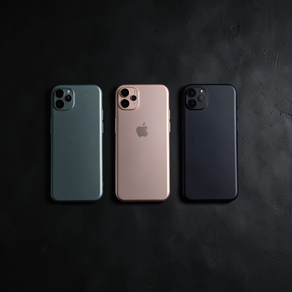 Three different colors of modern smartphones lined up on a dark textured background, minimalist aesthetic, cinematic lighting, 4:3