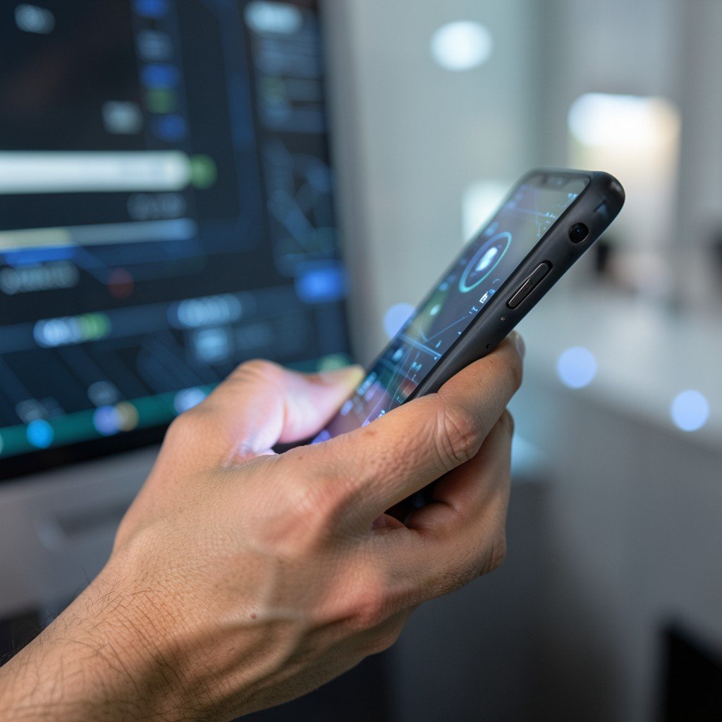 Close-up of a person using a smartphone, high quality, realistic skin texture, modern tech environment, soft lighting, 4:3