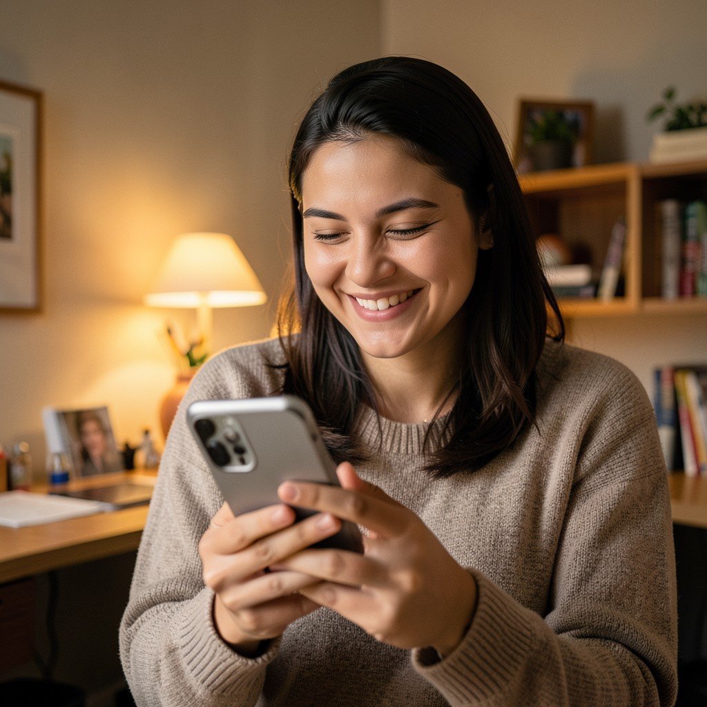 A person looking at a new smartphone with a satisfied expression, cozy home office environment, warm ambient light, 4:3