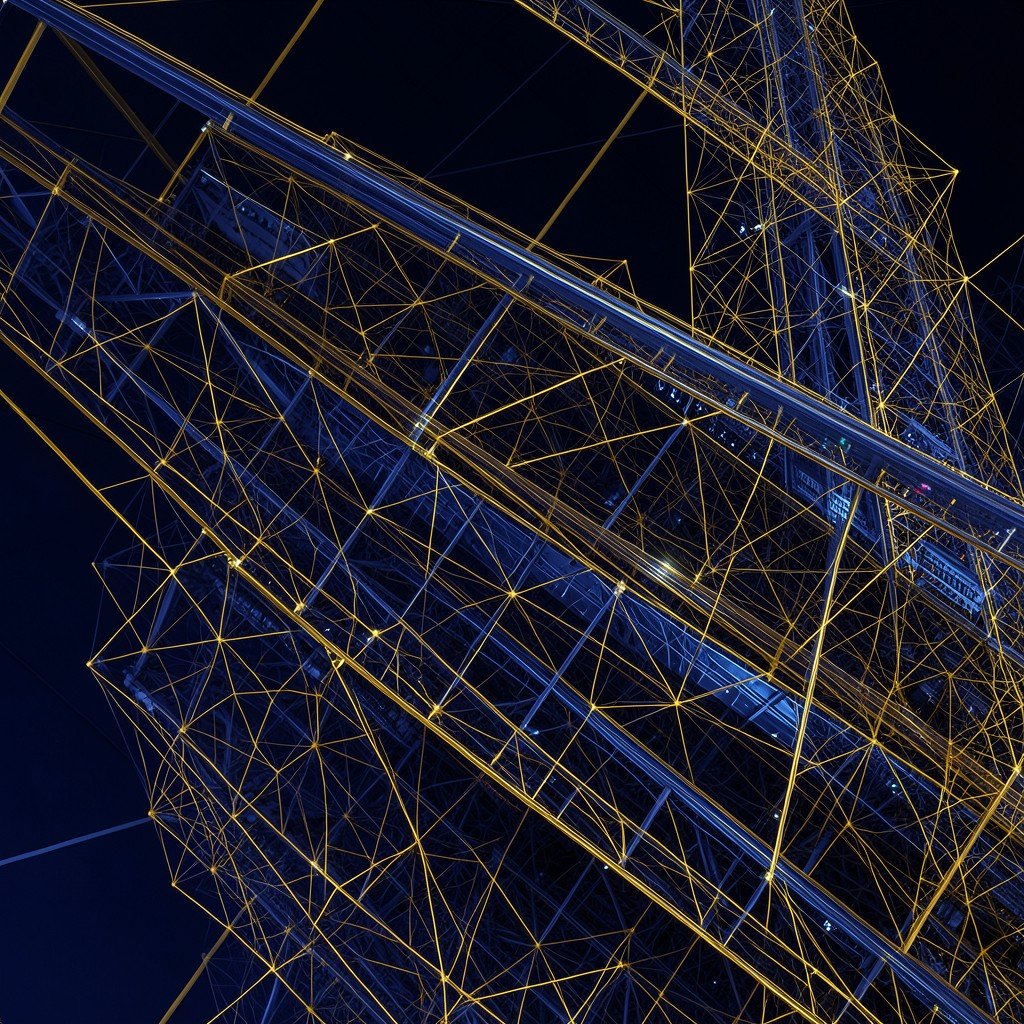 Abstract representation of complex digital layers and network connections, dark blue and gold tones, high resolution, 4:3 ratio.
