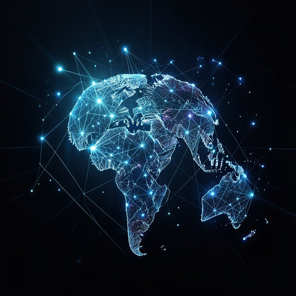 Futuristic representation of global network and data privacy, sleek glowing nodes, deep professional aesthetic, 4:3 ratio.