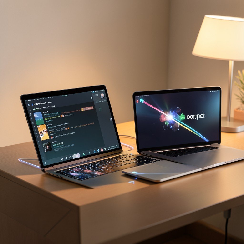 Modern technology concept showing seamless connectivity between devices on a desk, warm ambient light, minimalist office style, 4:3