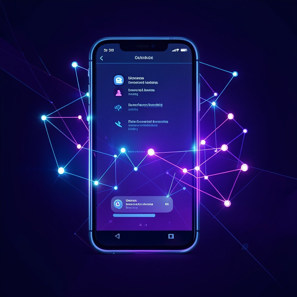 Abstract representation of a futuristic mobile operating system interface, glowing nodes and connections, deep blue and purple tones, professional composition, 4:3