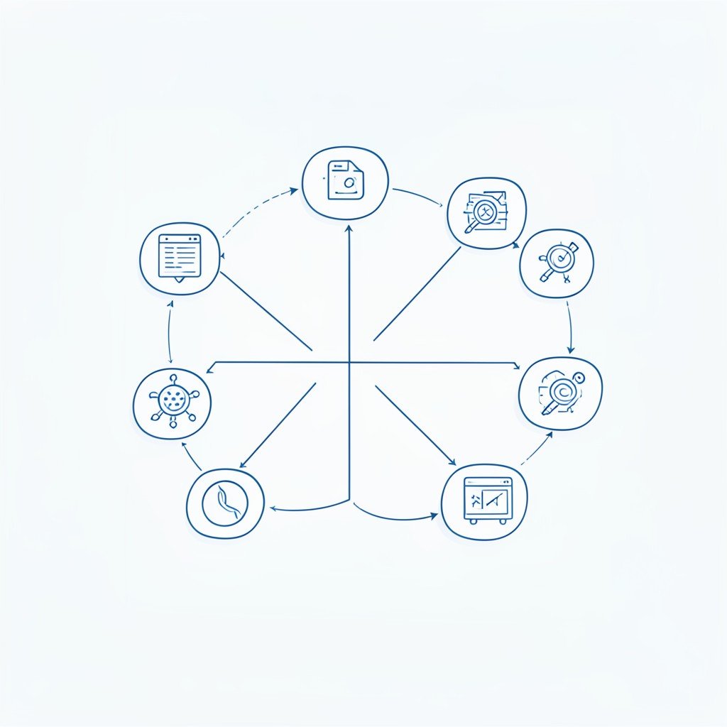 Minimalist illustration of artificial intelligence connecting various digital application icons into a smooth workflow, clean background, abstract technology, 1:1.
