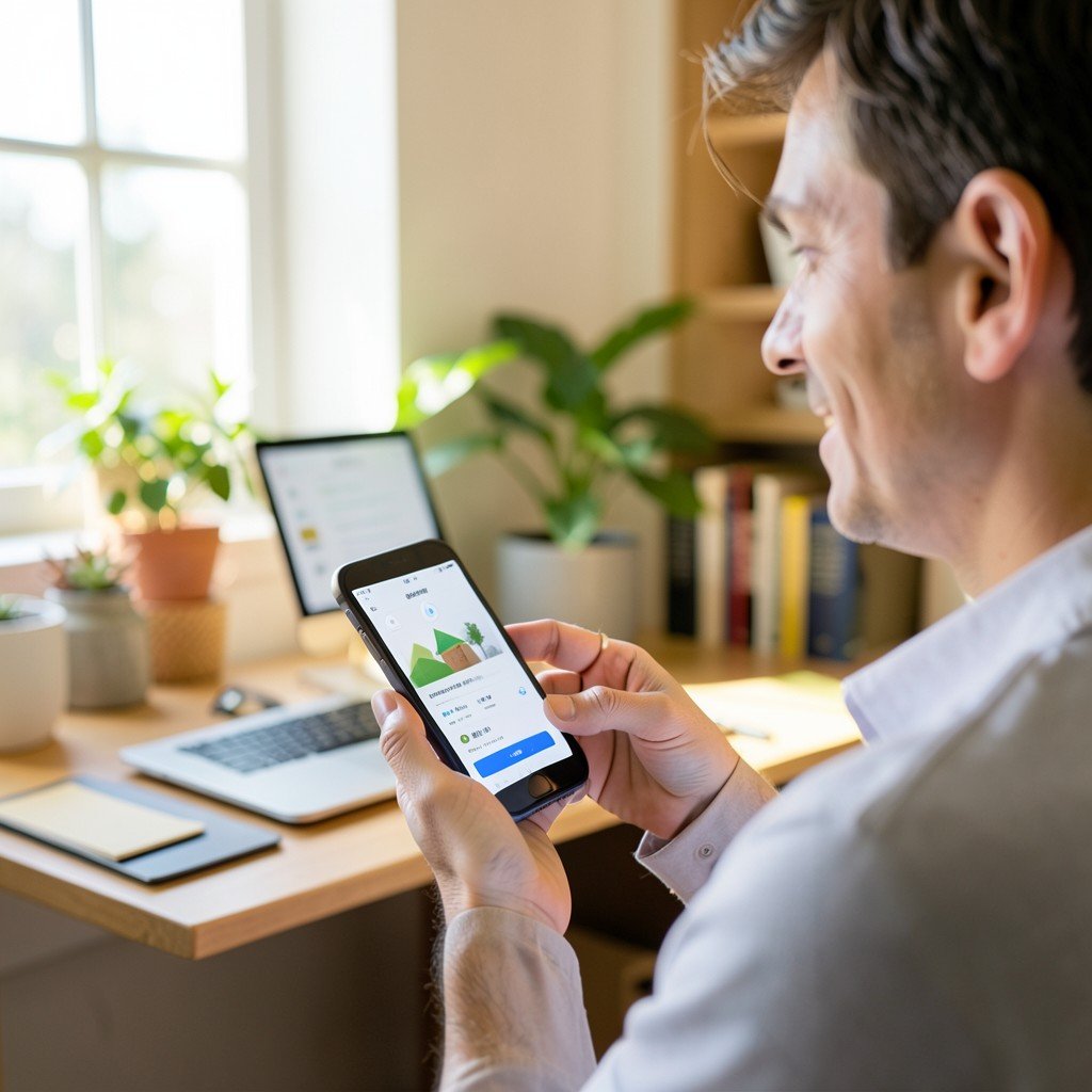 A person holding a modern smartphone in a bright, cozy home office environment, suggesting efficiency and smart home management, natural lighting, 4:3.