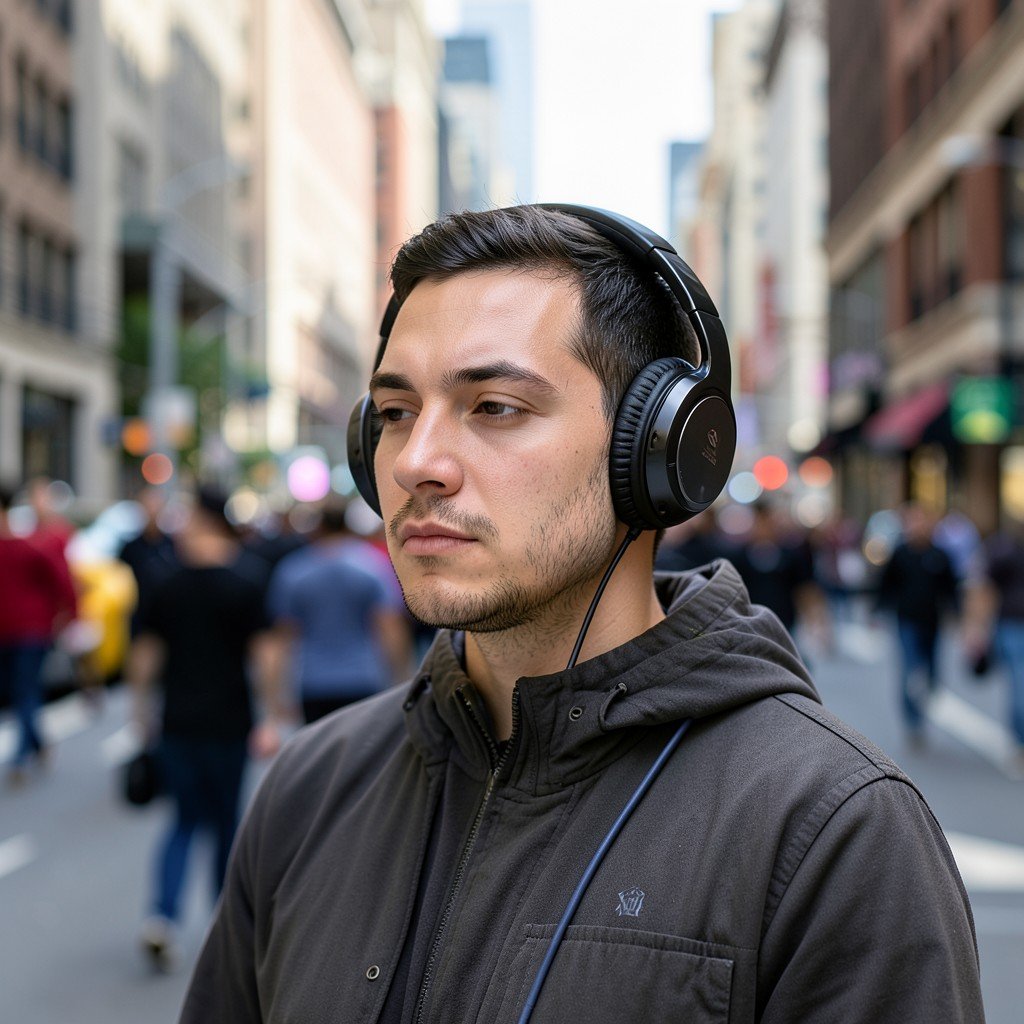 A person in a bustling city environment wearing premium headphones, focused and calm, depth of field, natural lighting, high resolution, 4:3 ratio.