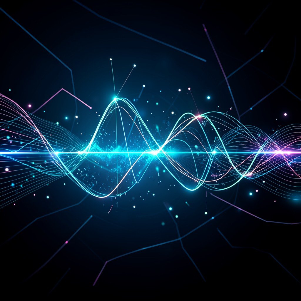 Artistic representation of sound waves moving through a digital space, clean lines, glowing light particles, modern tech aesthetic, 4:3 ratio.