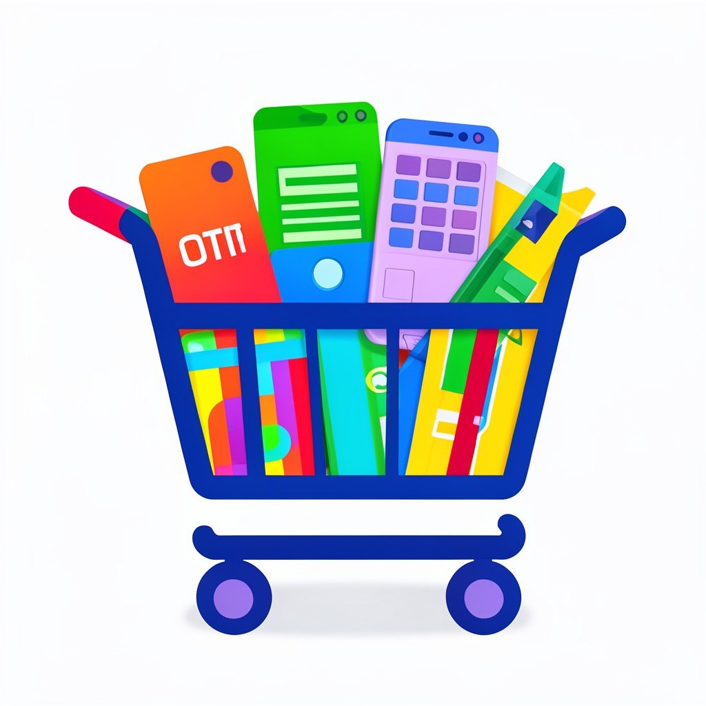 A composition of various tech shopping items, shopping cart icon graphic style, clean background, vibrant colors, 4:3 aspect ratio.
