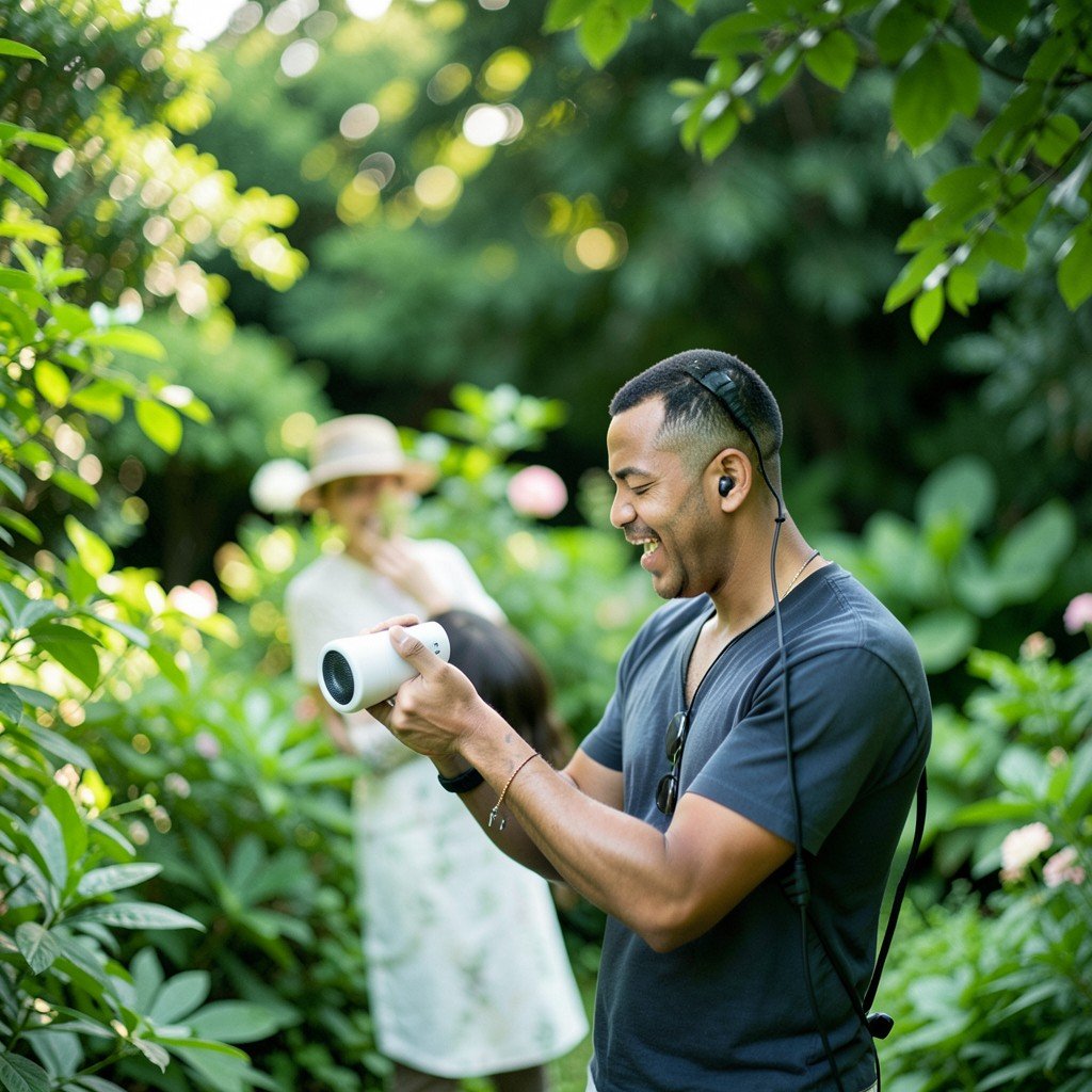 A person enjoying music with a portable speaker in a lush green garden setting, soft natural lighting, shallow depth of field, outdoor lifestyle, realistic photography, 4:3 aspect ratio