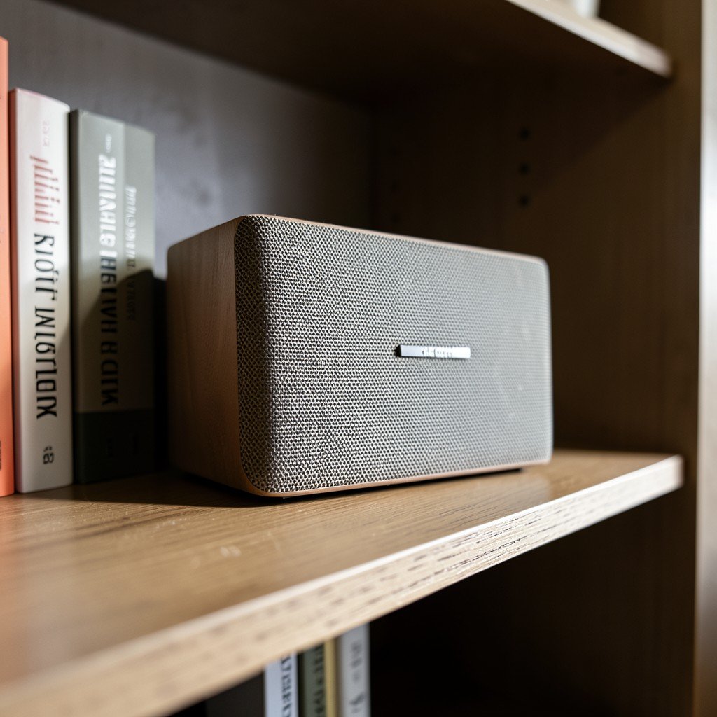Close up of a minimalist speaker on a bookshelf with soft indoor lighting, aesthetic interior design, sharp focus on the speaker texture, professional product photography, 4:3 aspect ratio