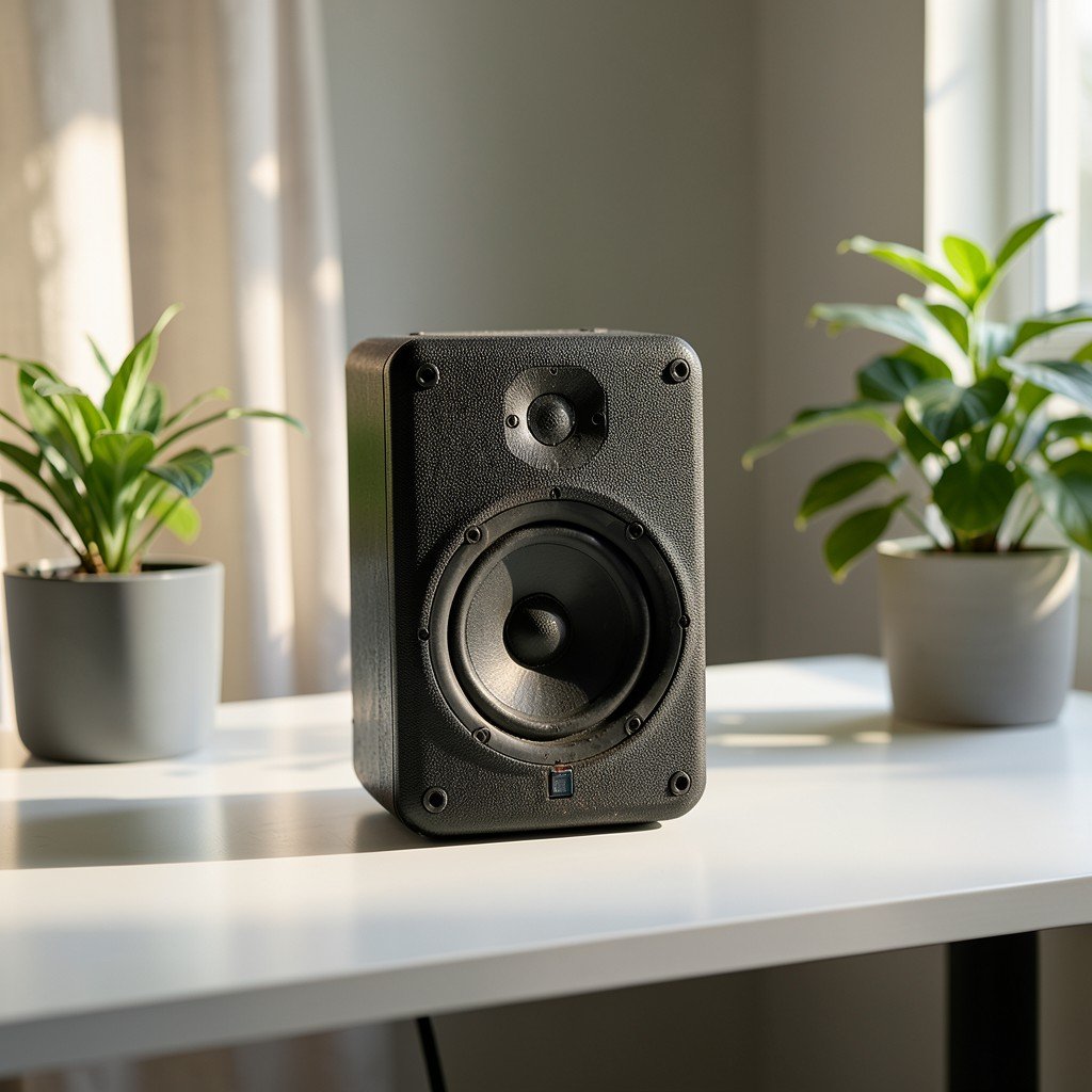 A high-quality audio speaker sitting on a clean modern desk with some indoor plants, peaceful atmosphere, cinematic lighting, realistic photography, 4:3 aspect ratio