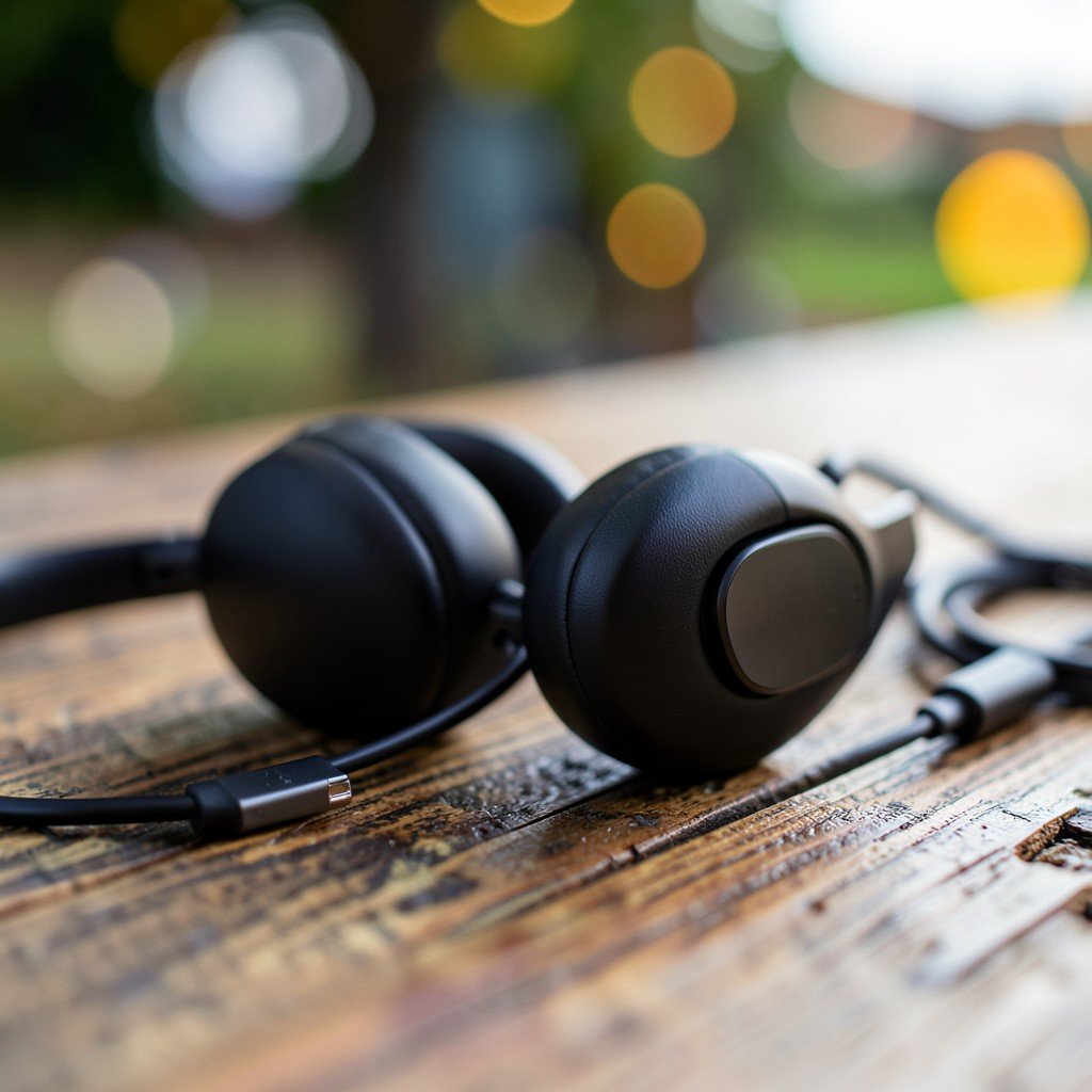 Close-up of modern wireless headphones resting next to a charging cable on a wooden textured table, bokeh background, photorealistic, 4:3