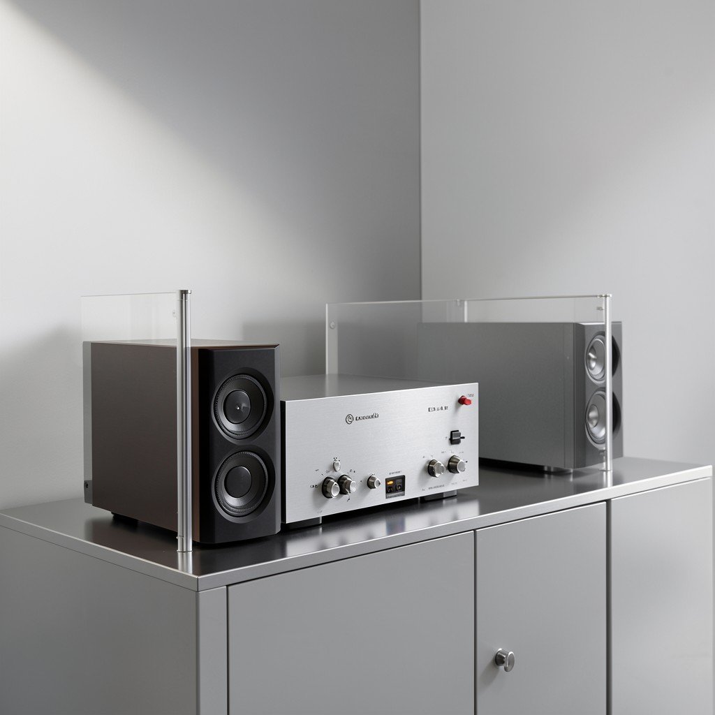Minimalist interior setup showing high-end audio gear, soft diffused light hitting the metallic surfaces, clean aesthetics, 4:3