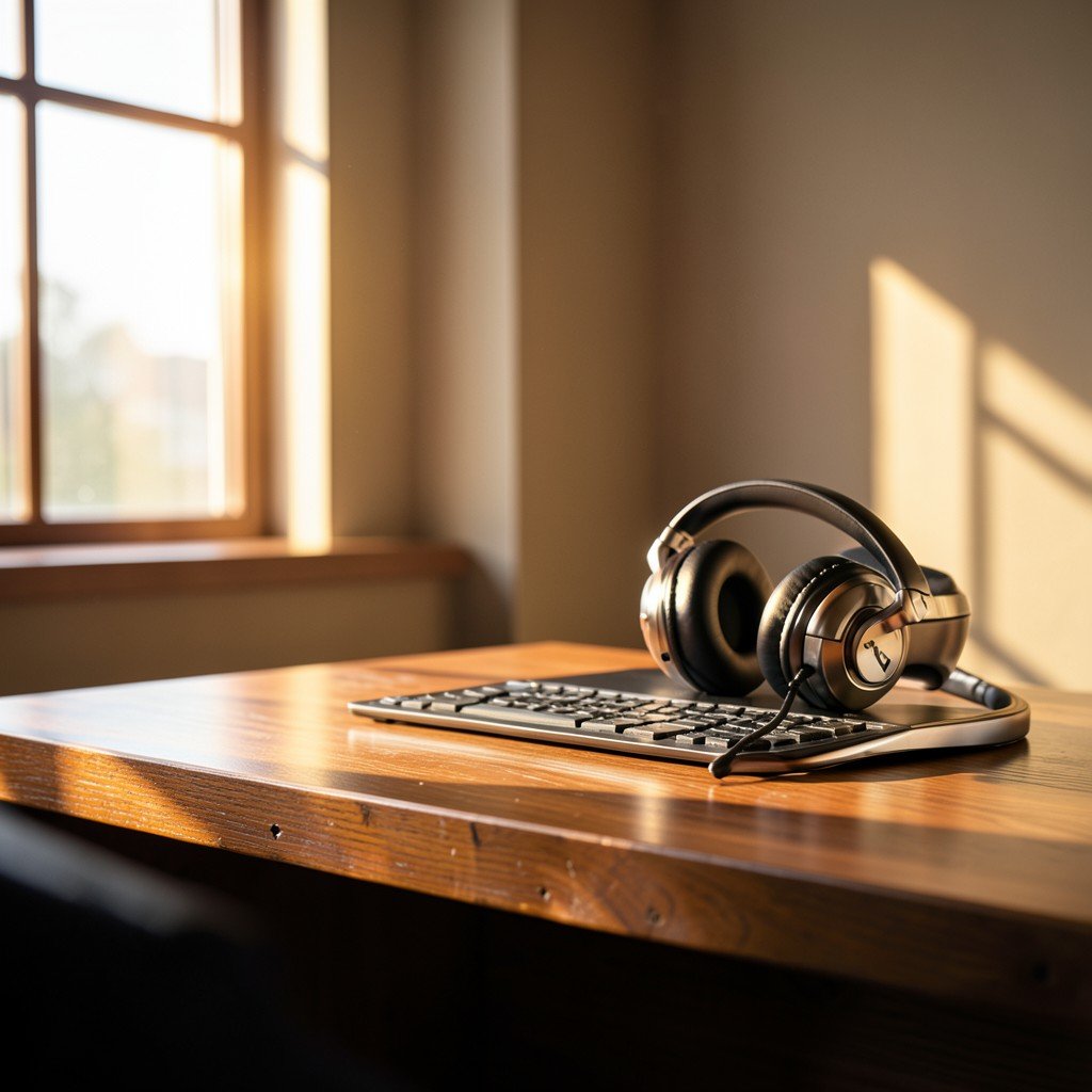 Stylish desk setup with a pair of metallic over-ear headphones, warm sunlight streaming through a window, professional photography style, 4:3