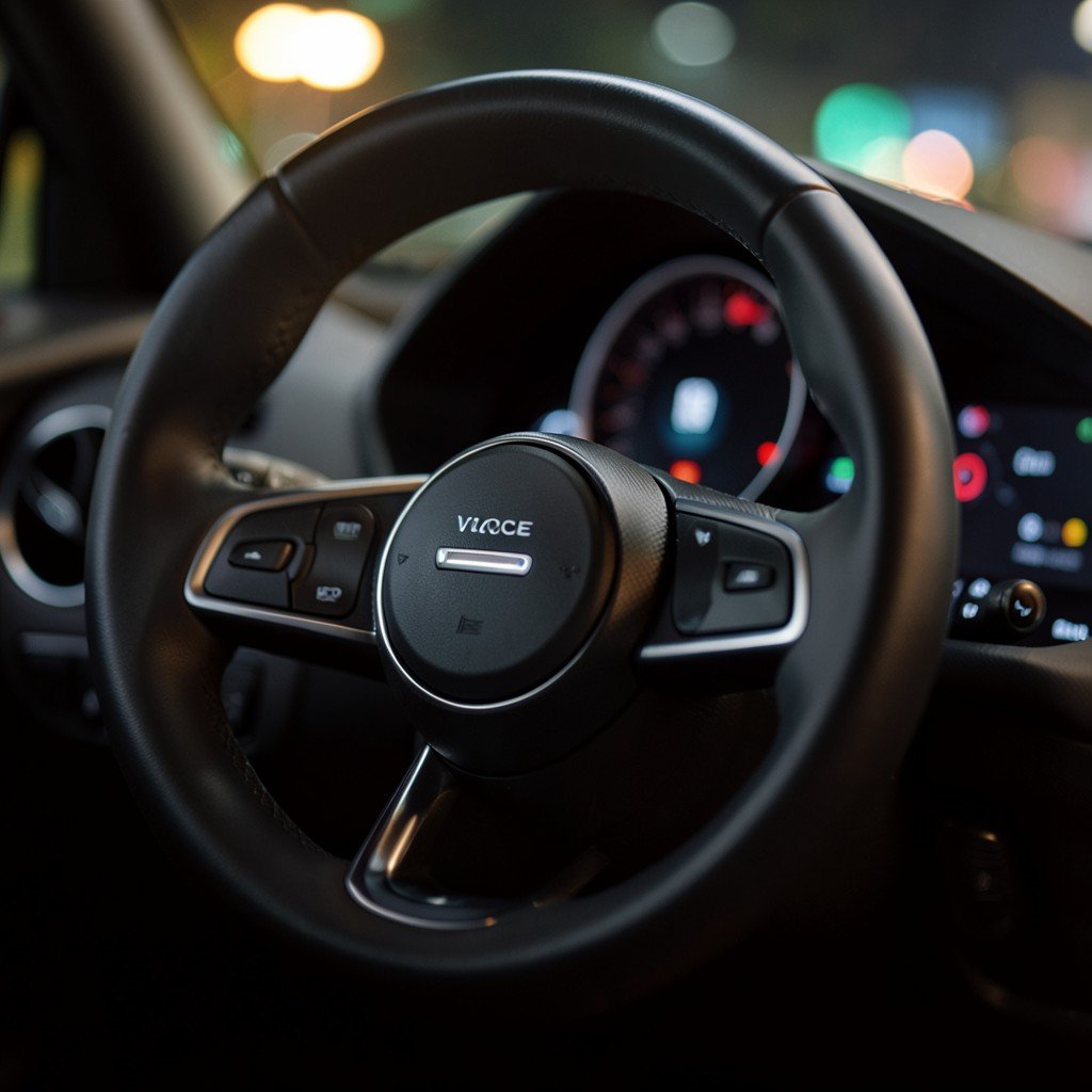 Close-up of a steering wheel in a modern vehicle with a digital display in the background, focusing on the concept of voice technology, soft bokeh, cinematic lighting, 16:9 aspect ratio.