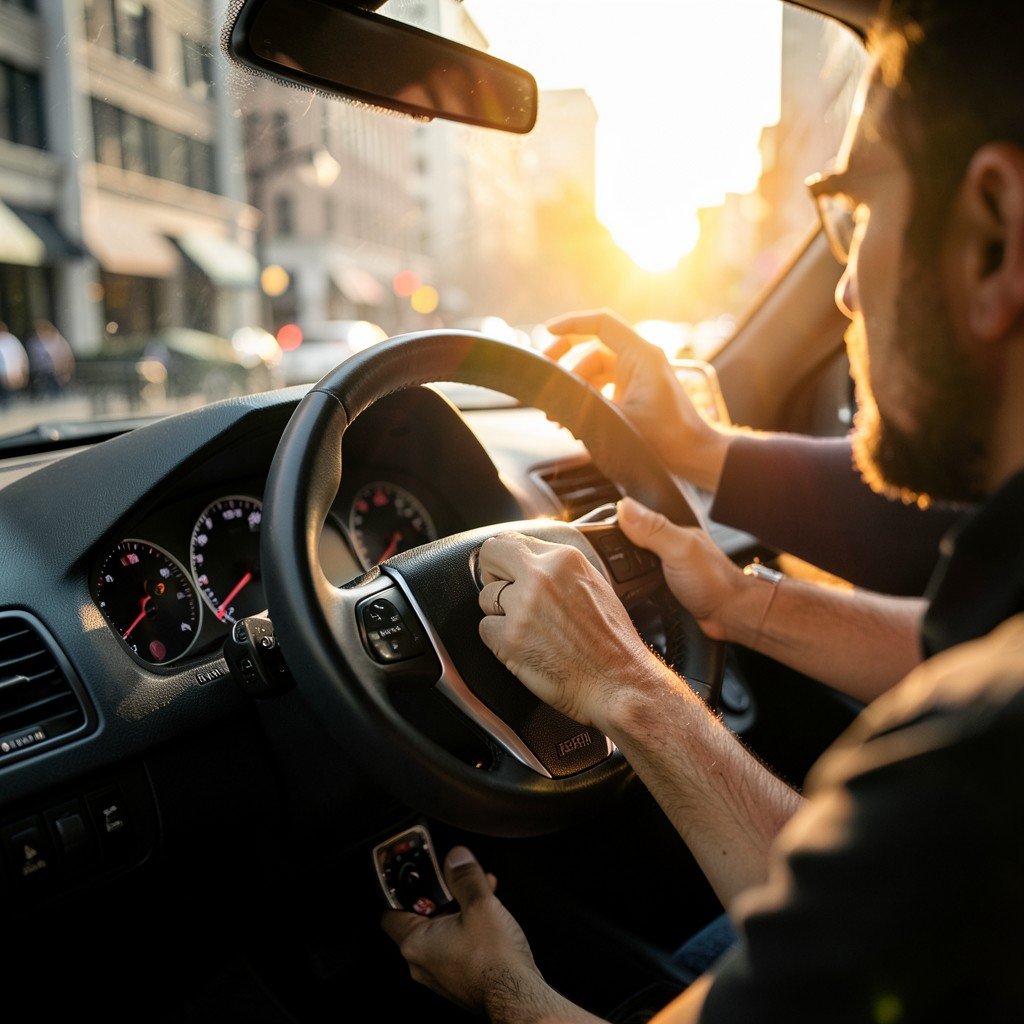 A person driving a car in a city during golden hour, professional interior photography, focus on steering wheel and dashboard, warm tones, 16:9 aspect ratio.