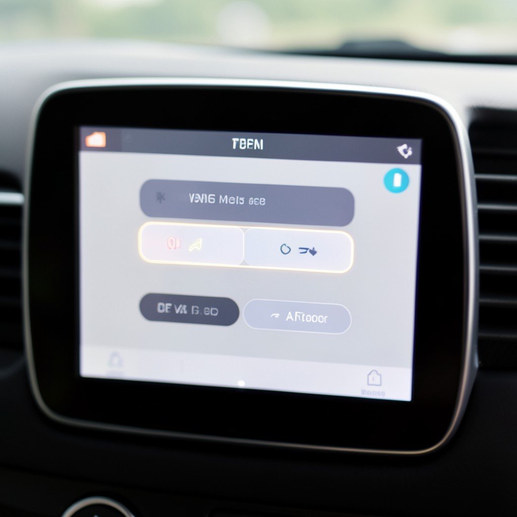 A closeup of a car infotainment screen displaying a voice control template with action buttons, soft glow, clean interface design, 4:3