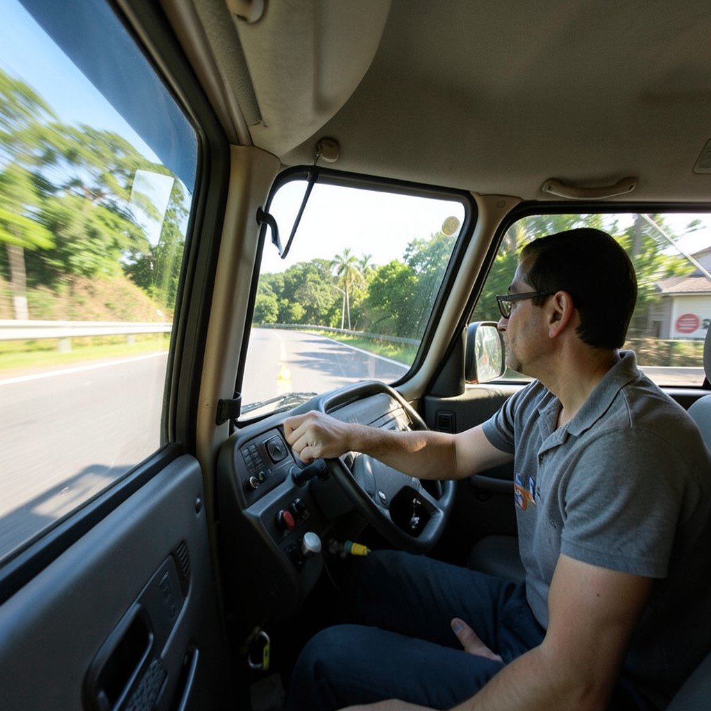 An interior shot of a vehicle moving on a road during the day with a focused driver, natural light, realistic photography style, 4:3