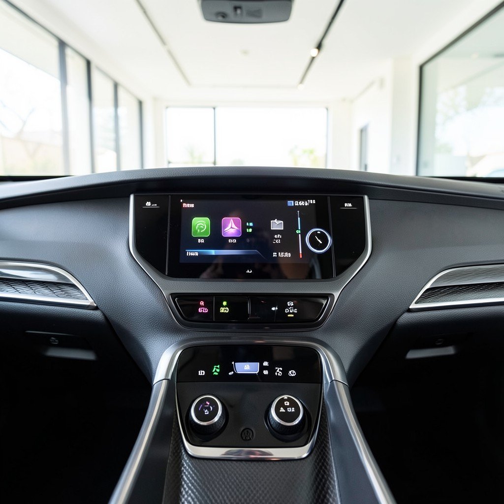 A high quality photo of a modern car dashboard with digital icons, sleek and clean environment, bright, 4:3