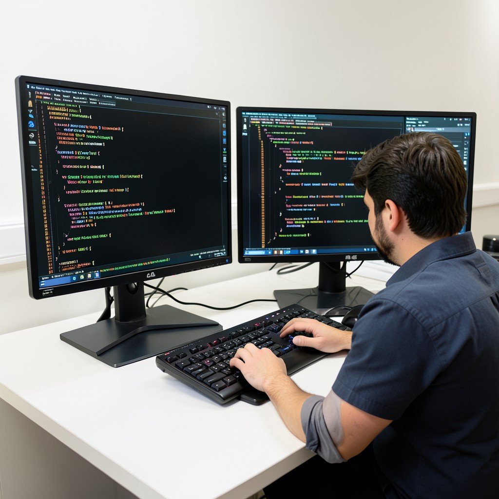 A programmer working on a complex code base on a dual monitor setup, clean desk environment, focus on productivity, 4:3