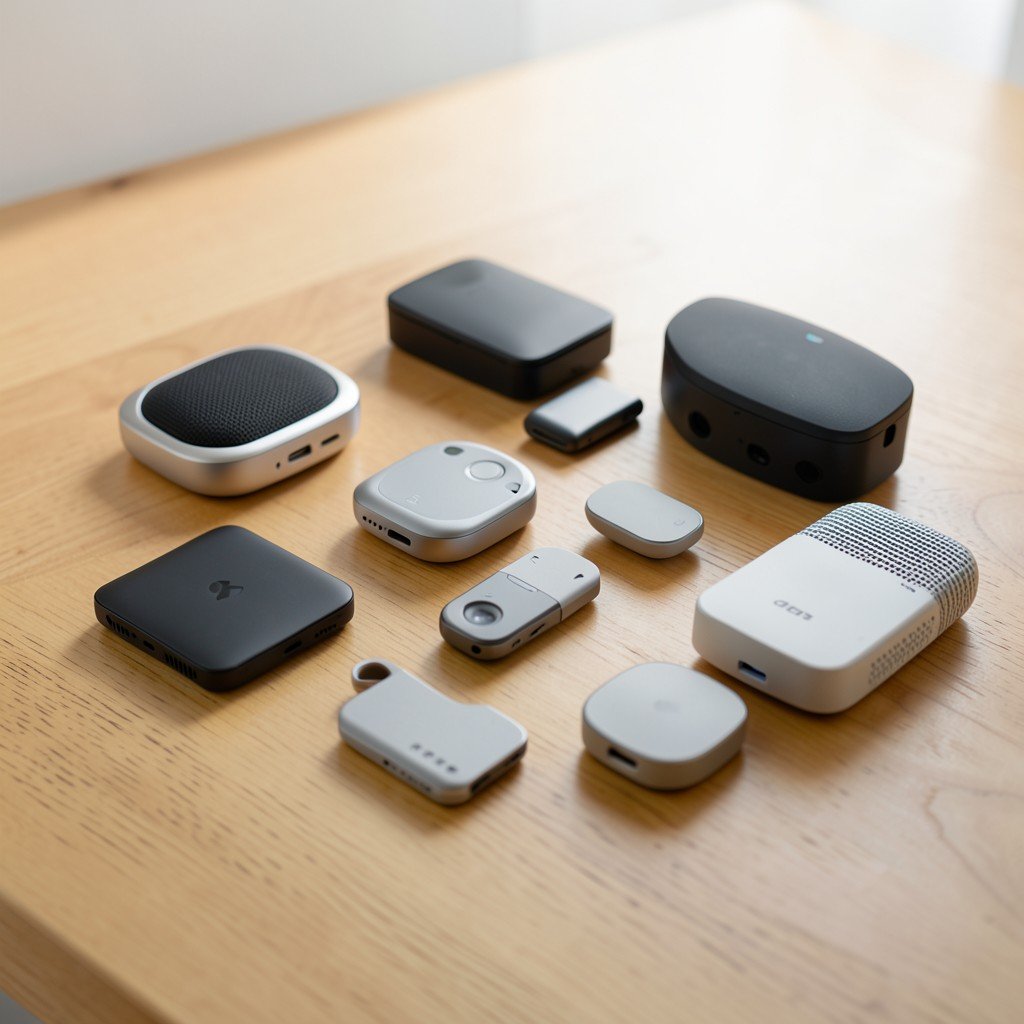 Assortment of modern wireless audio gadgets on a clean wooden table, professional aesthetic, soft morning light, 4:3.