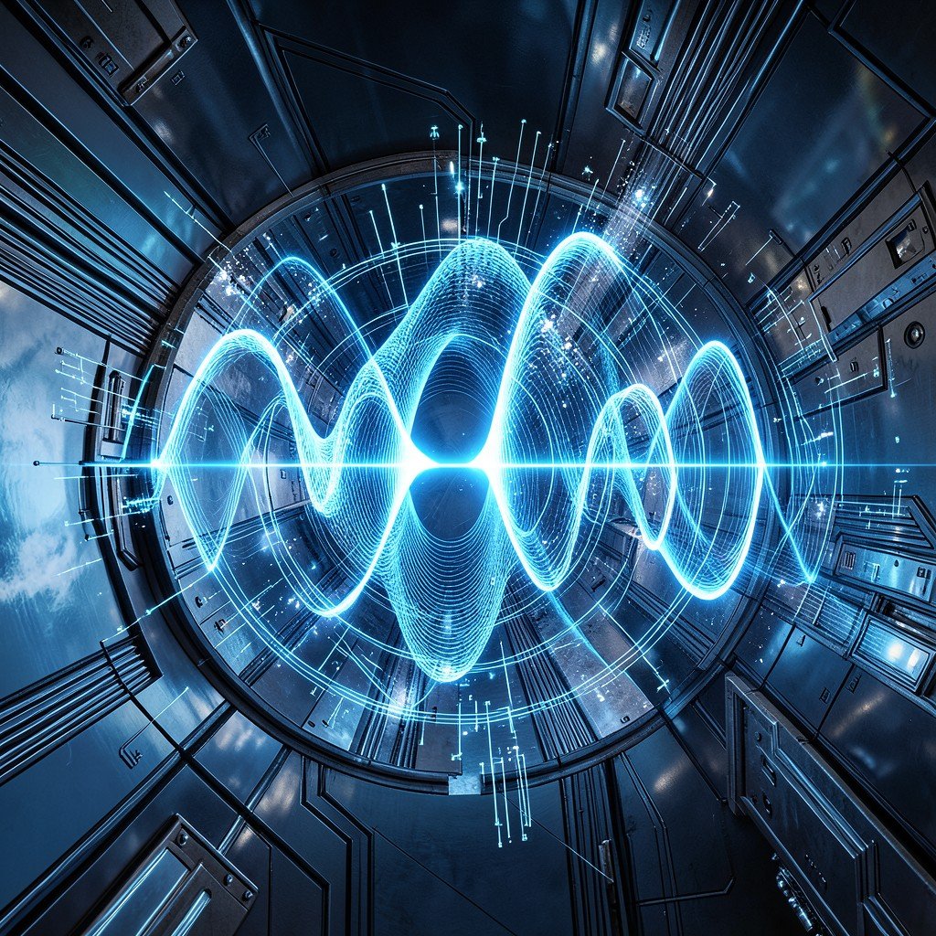 Conceptual art of sound waves being neutralized by digital technology, glowing blue light, metallic textures, abstract modern tech, 4:3 aspect ratio