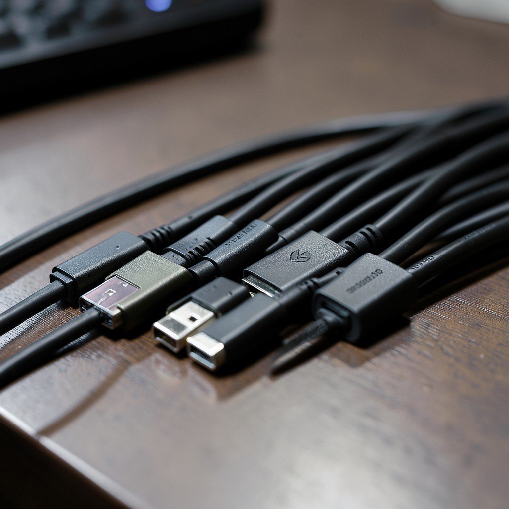 Close up of professional high speed USB-C Thunderbolt cables organized neatly on a desk, cinematic lighting, 4:3.