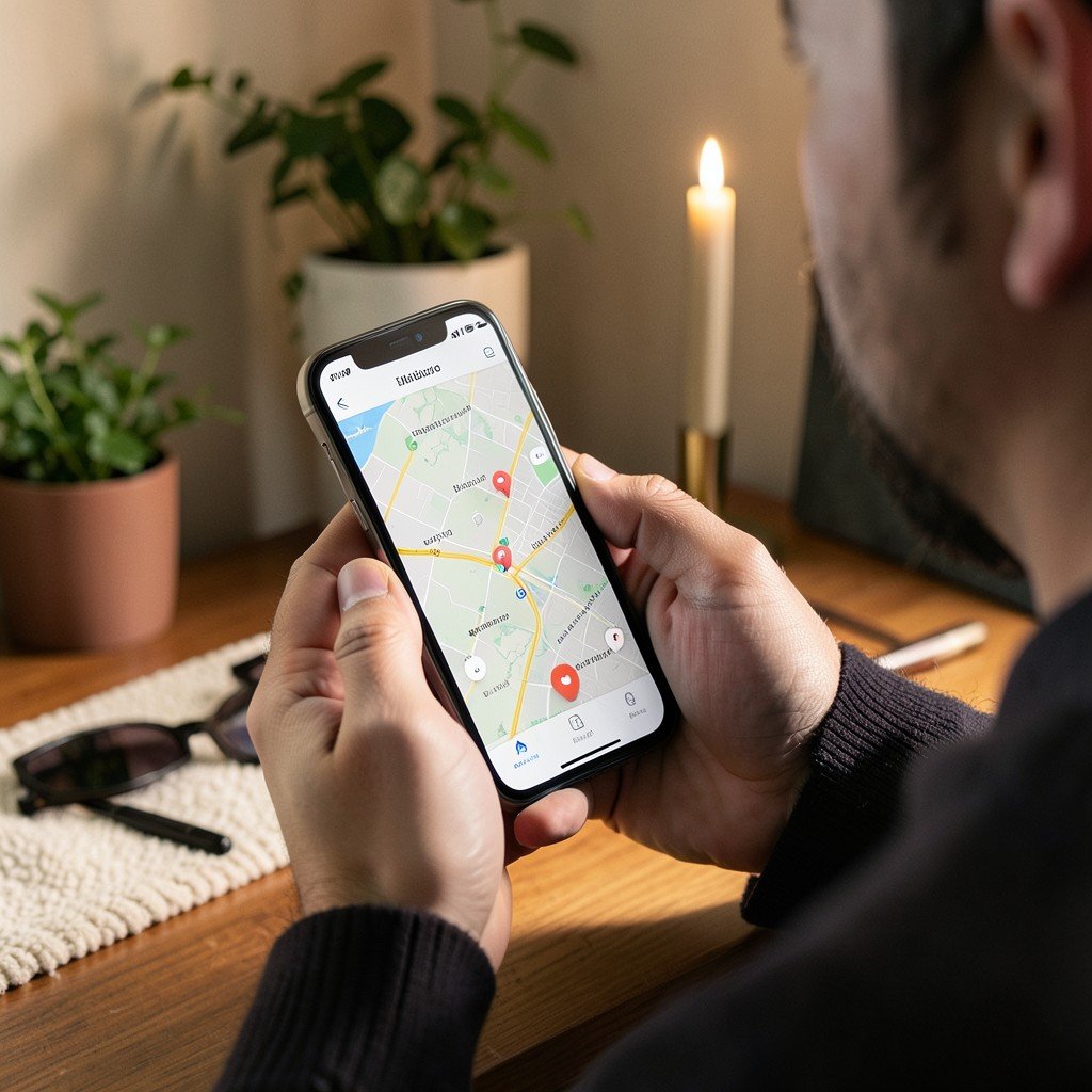 A person holding a modern smartphone searching for a lost item with a map interface on screen, cozy home office environment, 4:3