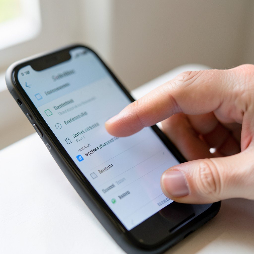 Close up shot of a hand tapping on a smartphone screen showing security settings menu, soft natural lighting, 4:3