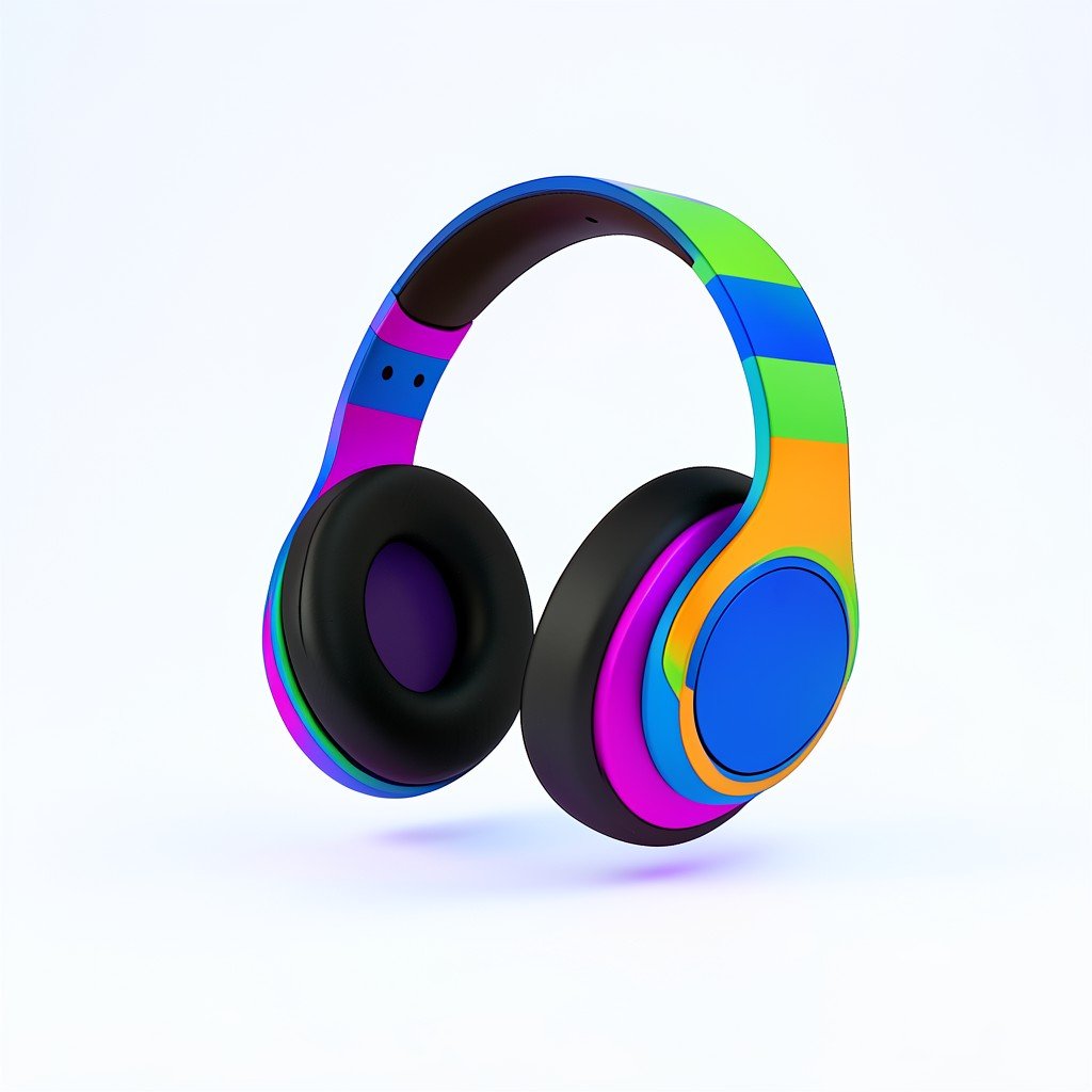 Conceptual illustration of sound waves being blocked by a high-end headphone, minimalist style, vibrant colors, clean studio background, 4:3