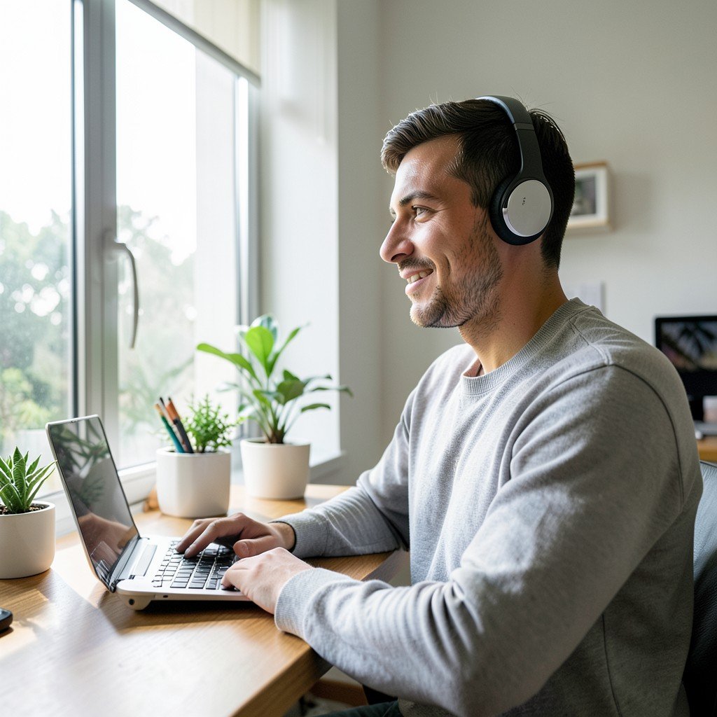 A person wearing premium wireless headphones while working in a modern home office, realistic photography, natural sunlight, lifestyle shot, 4:3